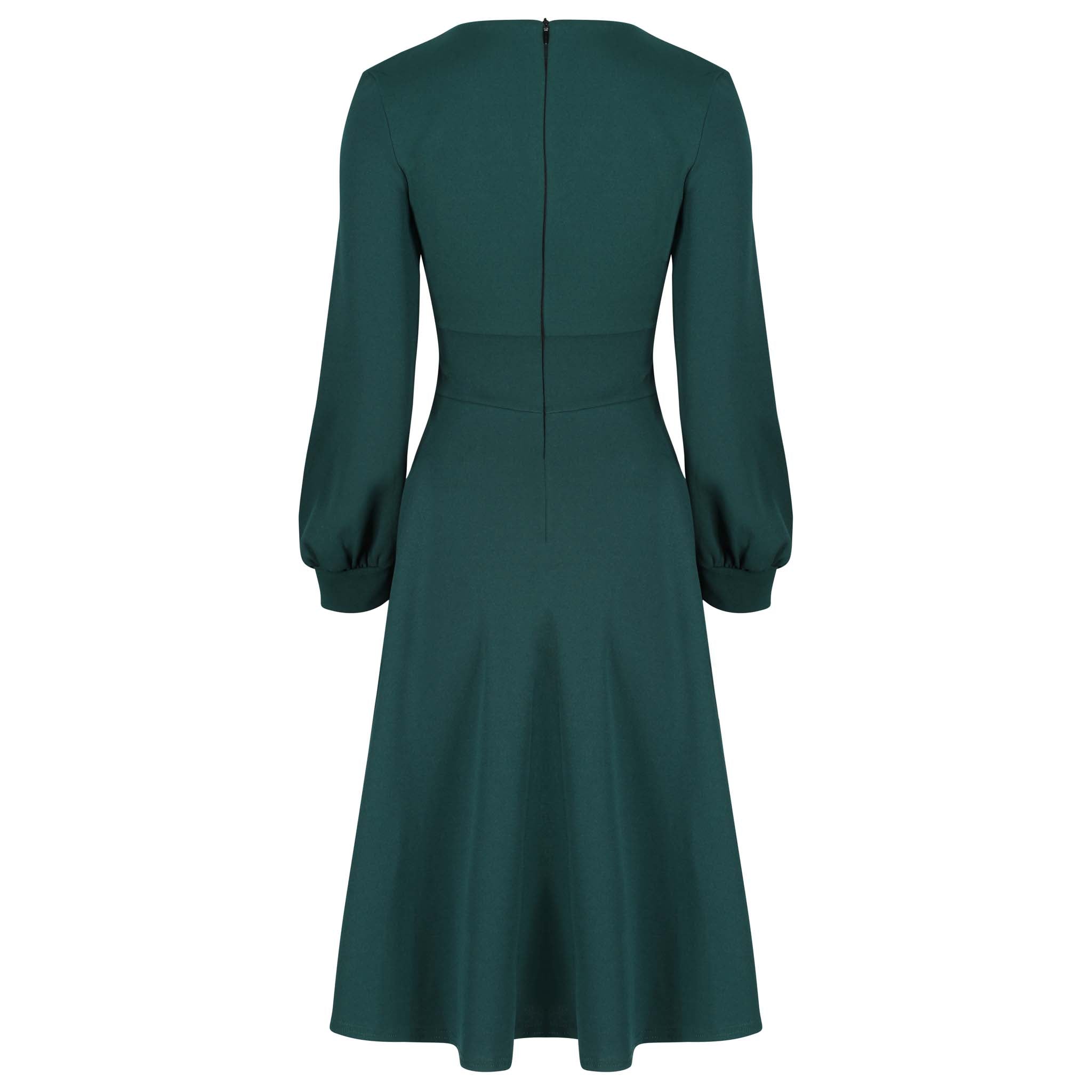 Forest Green Long Sleeve A Line Vintage Crossover Tea Swing Dress