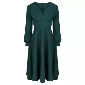 Forest Green Long Sleeve A Line Vintage Crossover Tea Swing Dress