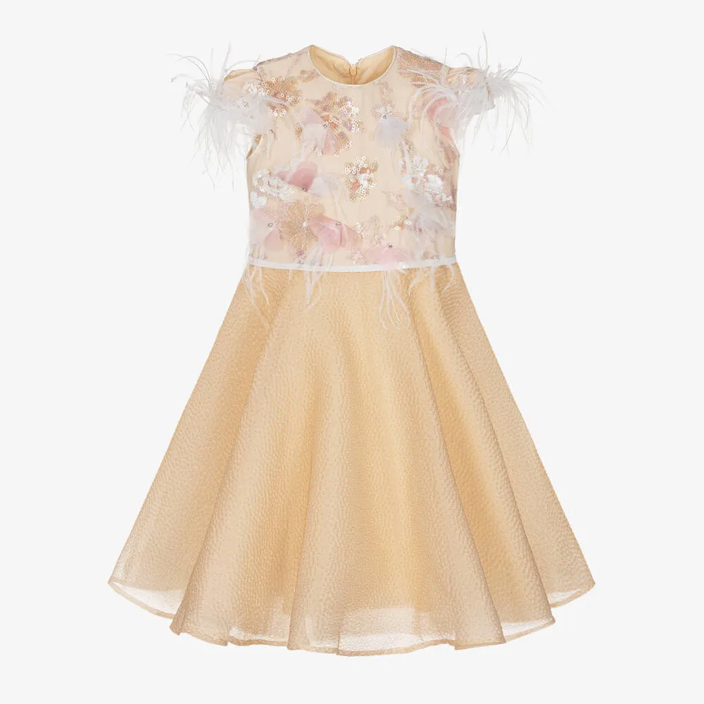 Girls Beige Flower & Feather Dress 