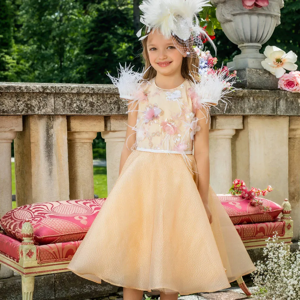 Girls Beige Flower & Feather Dress 