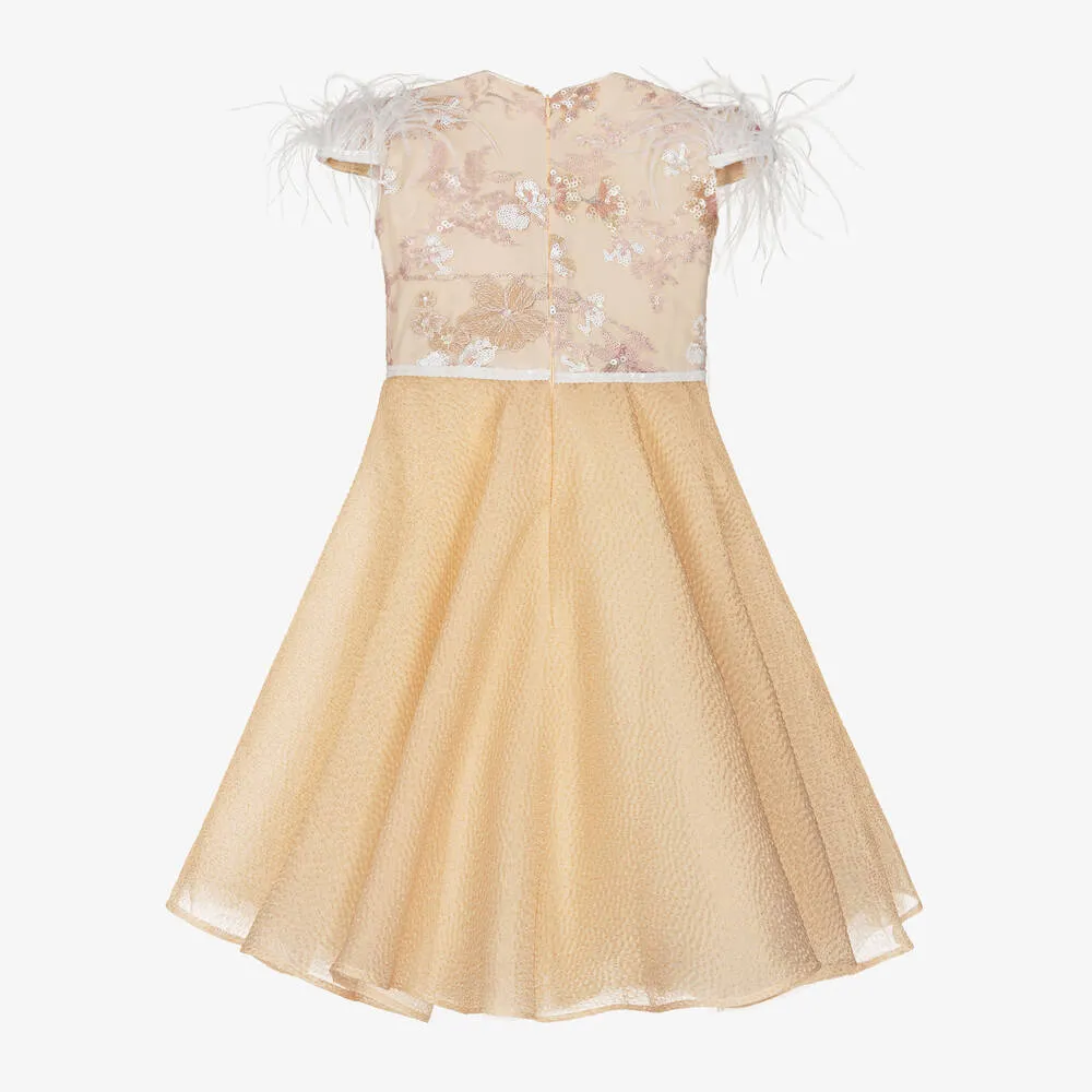 Girls Beige Flower & Feather Dress 