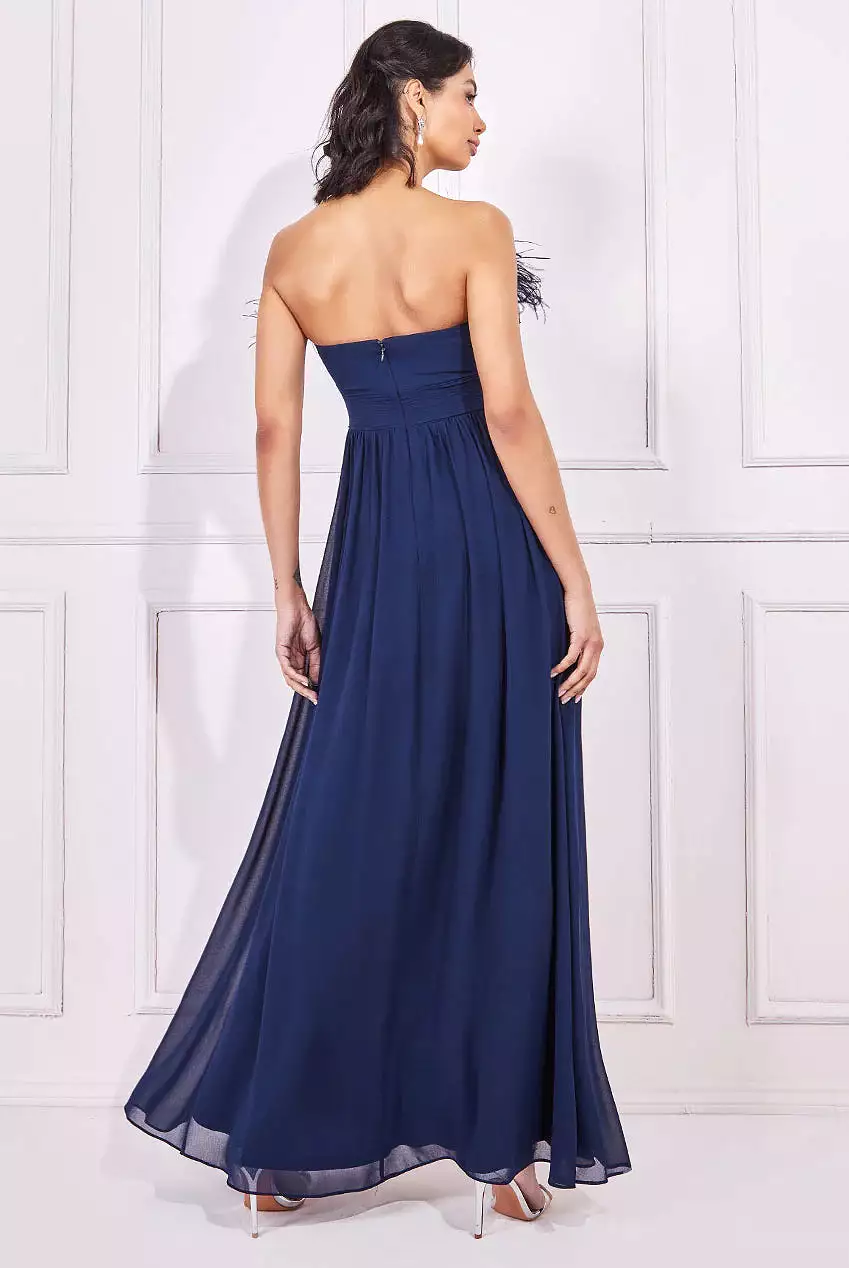 Goddiva Chiffon Feather Bandeau Maxi Dress