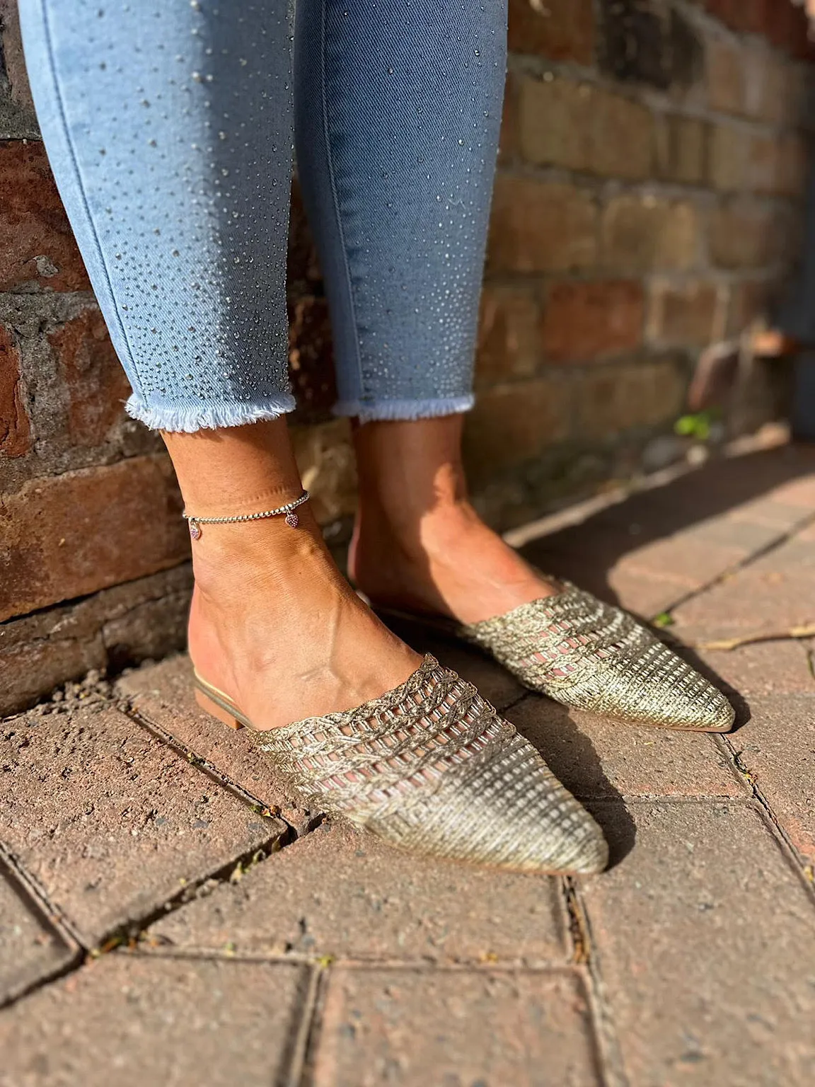 Gold Metallic Woven Slip Ons