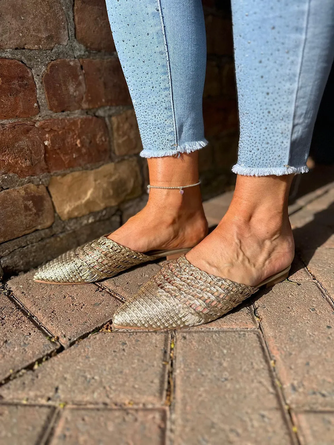 Gold Metallic Woven Slip Ons