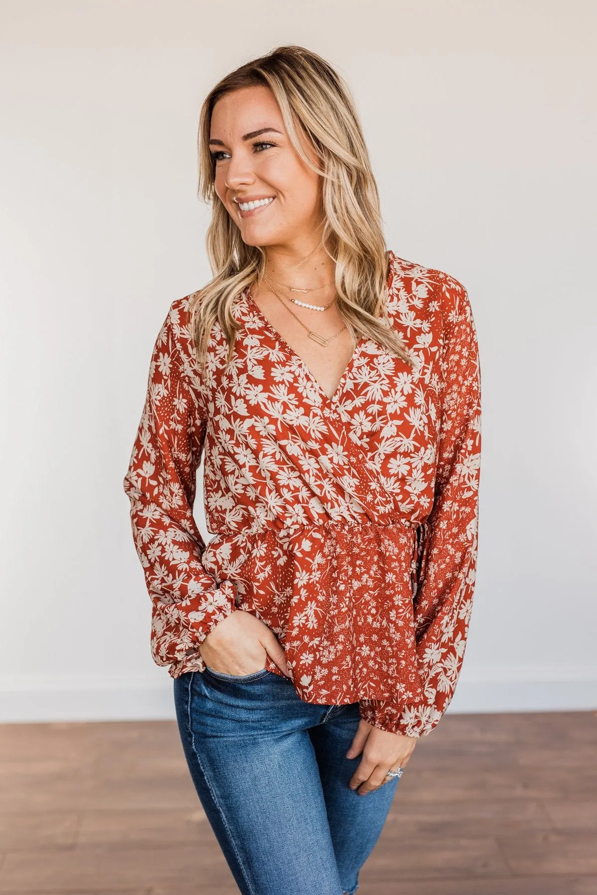 Gone With The Wind Floral Wrap Blouse- Rust