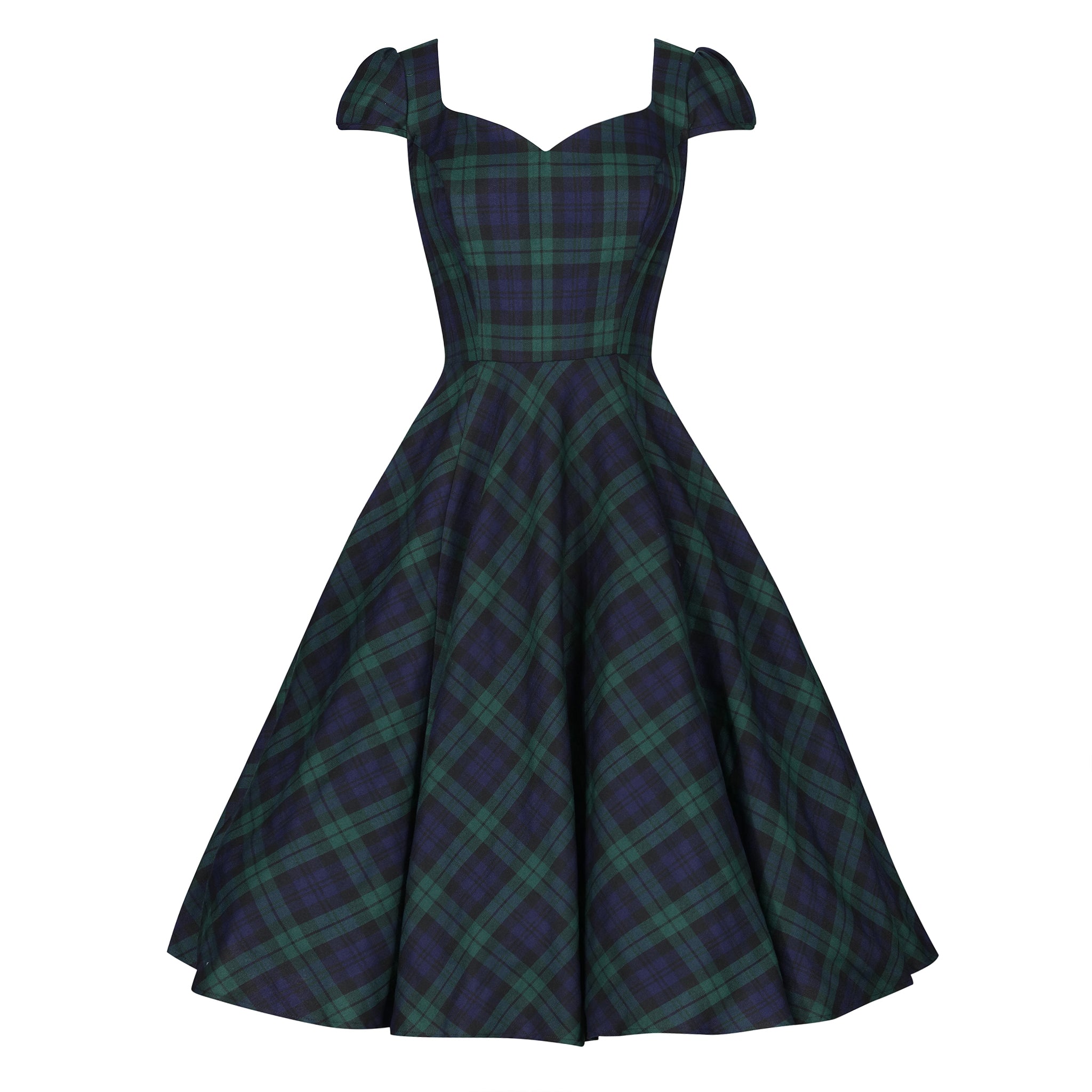 Green and Blue Woven Tartan Check Rockabilly Burns 50s Swing Dress