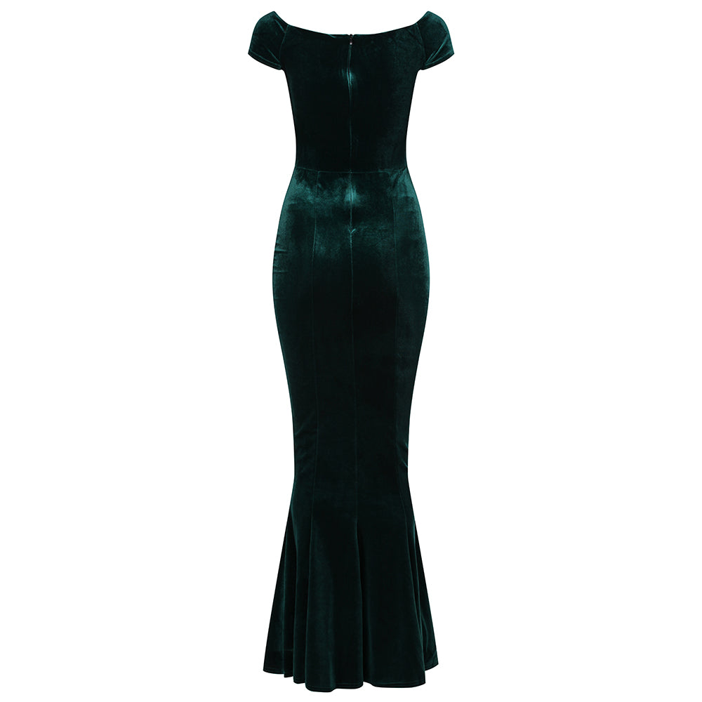 Green Cap Sleeve Crossover Bust Fishtail Hem Velour Maxi Dress