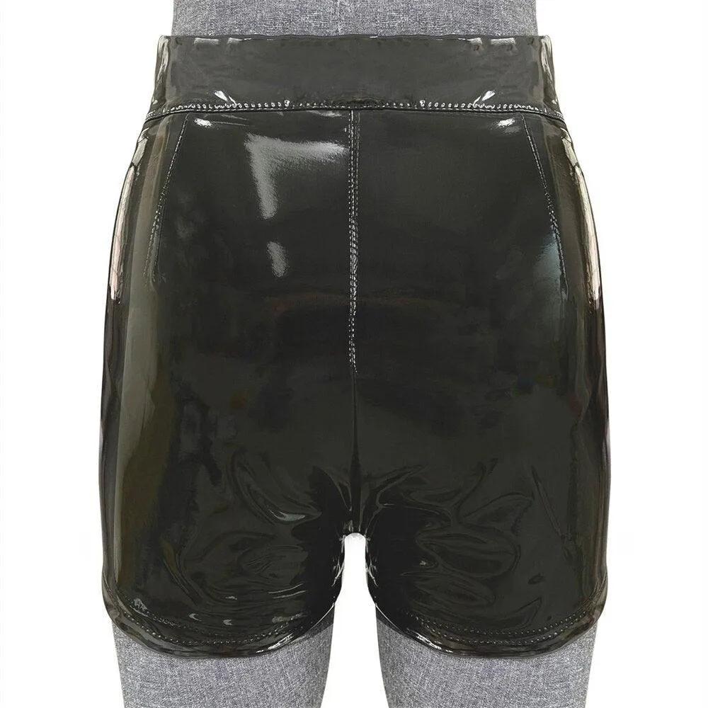 High Waist Wet Look Faux PU Leather Shorts