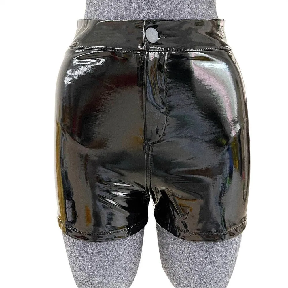 High Waist Wet Look Faux PU Leather Shorts