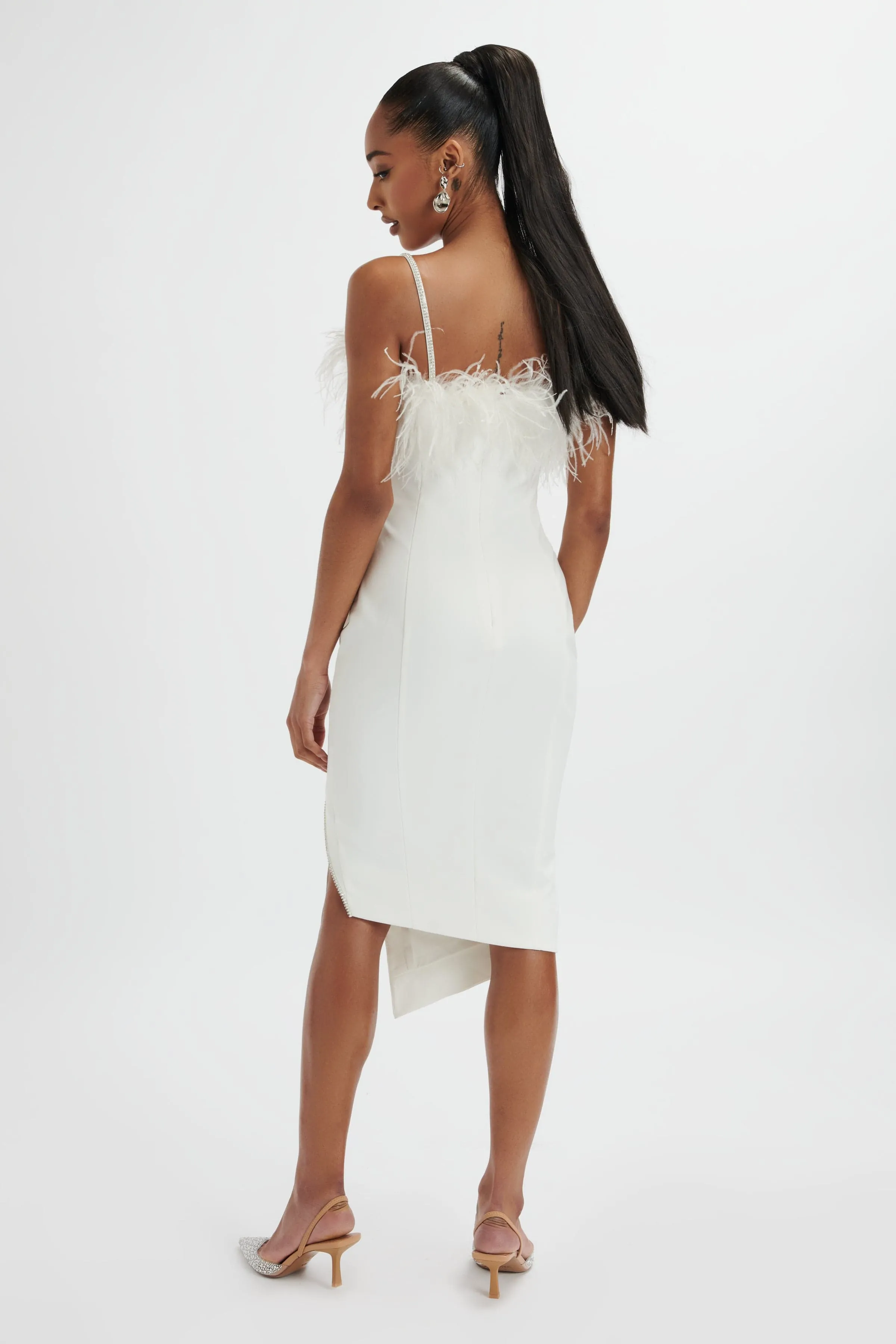 JESSICA Feather Bandeau Pleated Midi Dress In White