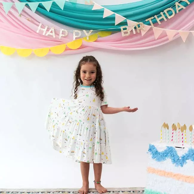 Kyte Baby Short Sleeve Tiered Dress in Cloud Party