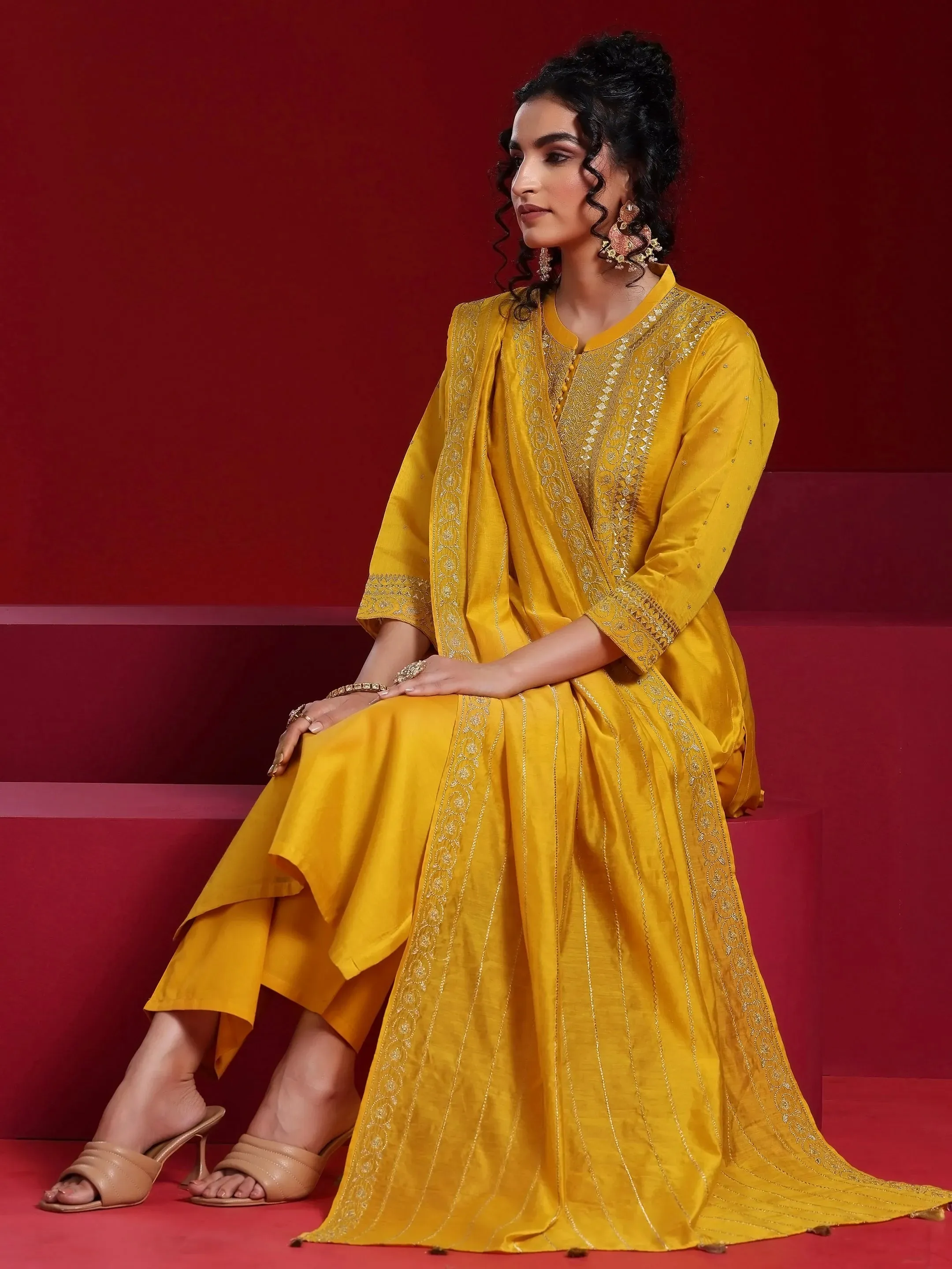 Libas Art Mustard Yoke Design Chanderi Silk Straight Suit With Dupatta