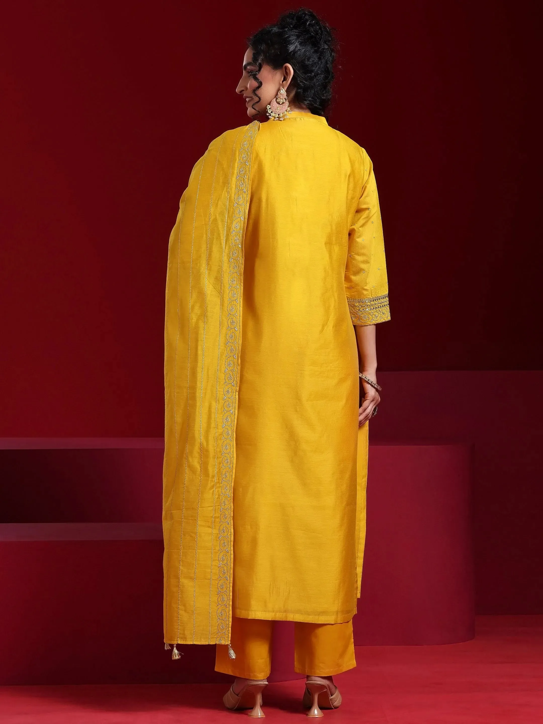 Libas Art Mustard Yoke Design Chanderi Silk Straight Suit With Dupatta