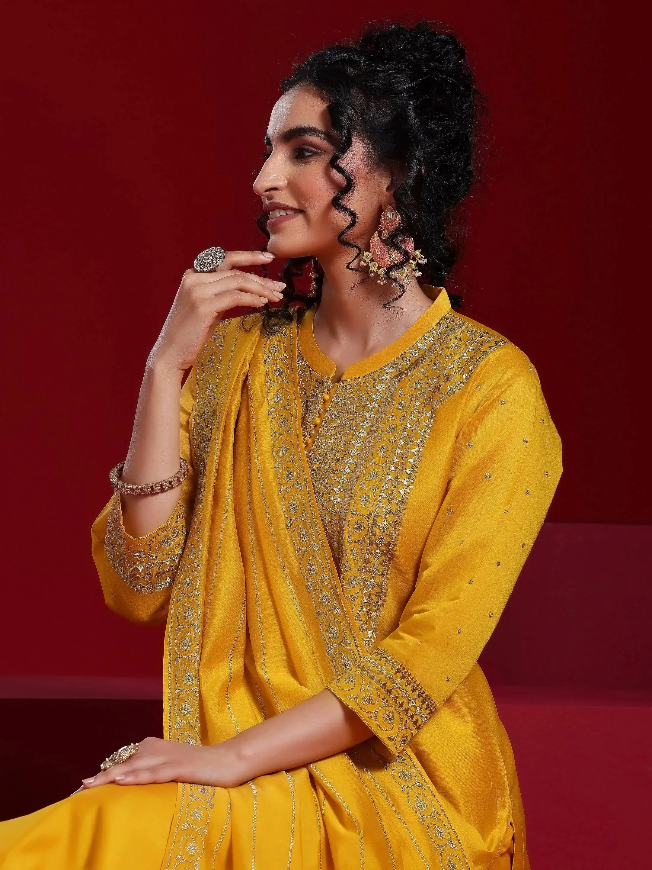 Libas Art Mustard Yoke Design Chanderi Silk Straight Suit With Dupatta