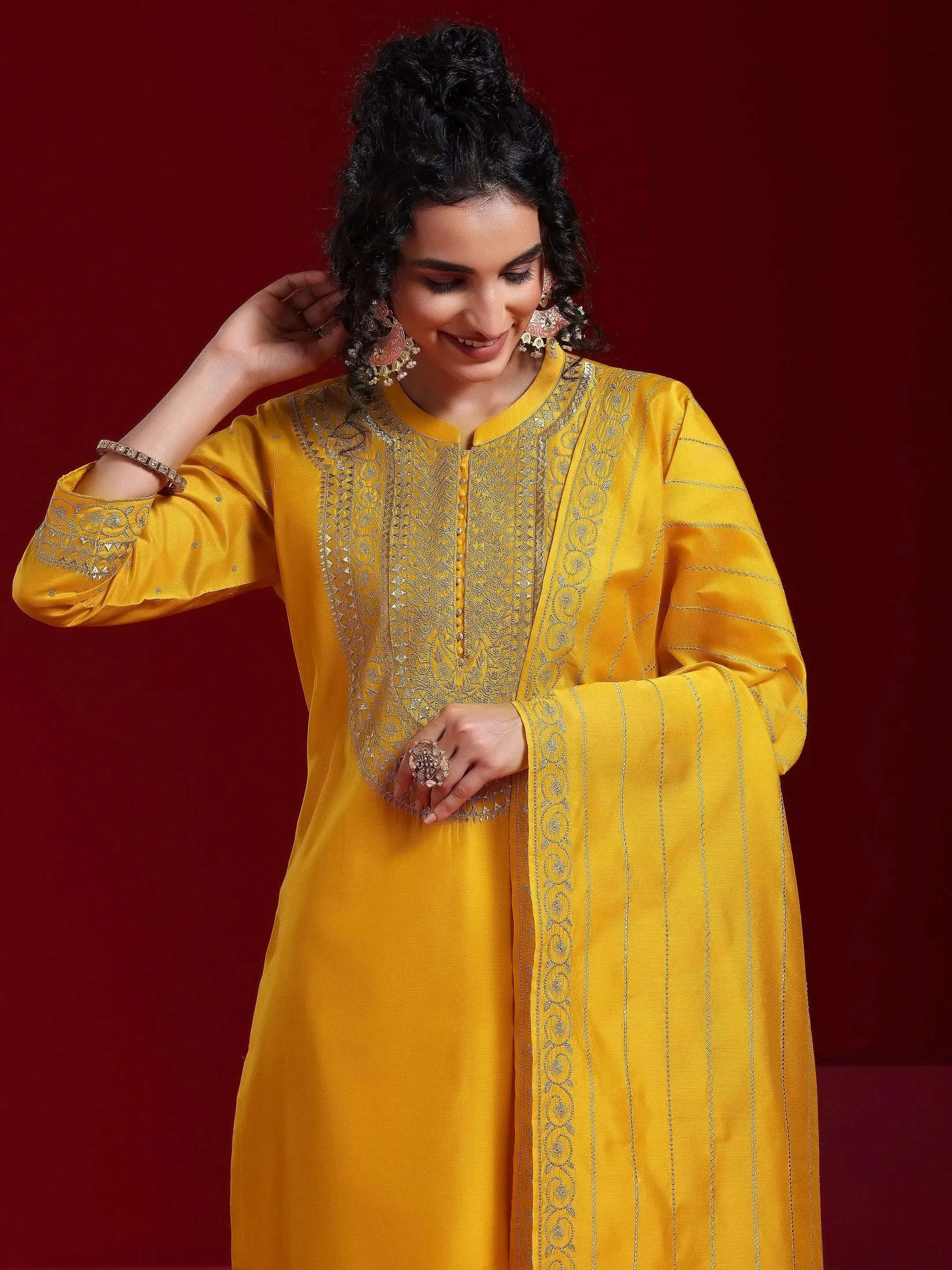 Libas Art Mustard Yoke Design Chanderi Silk Straight Suit With Dupatta