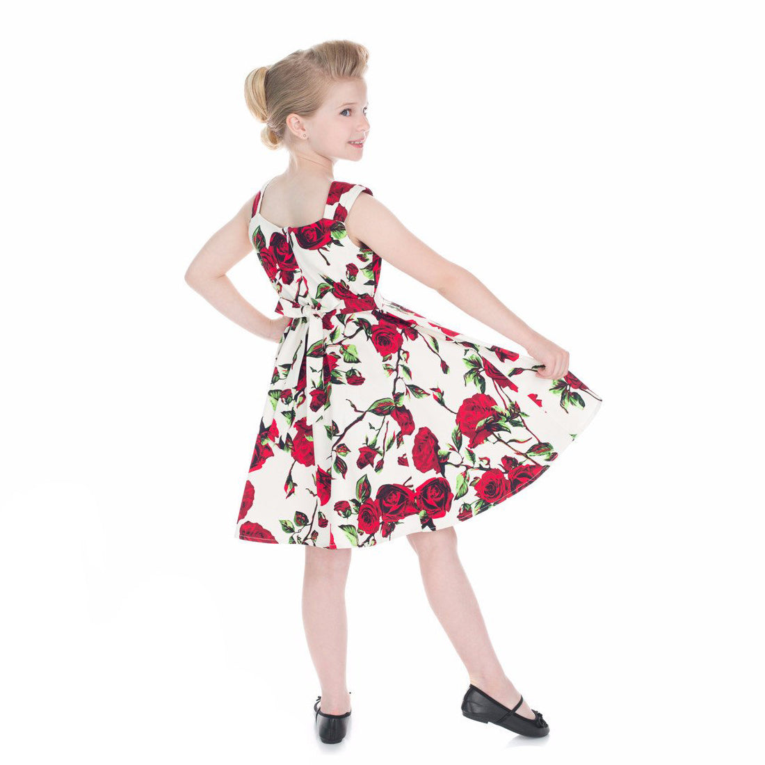 Little Kitty Girl's Cream White Red Rose Floral Party Dress