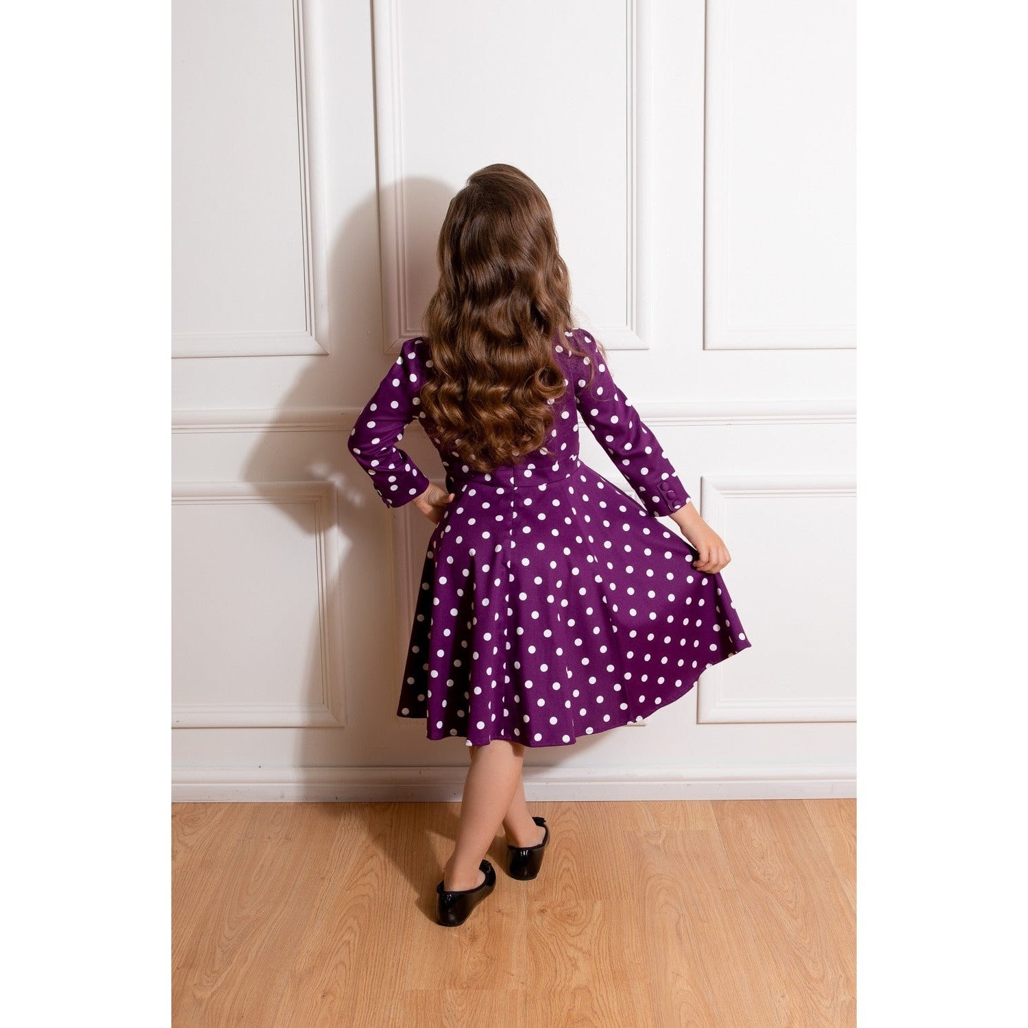 Little Kitty Girl's Purple And White Polka Dot Party Dress