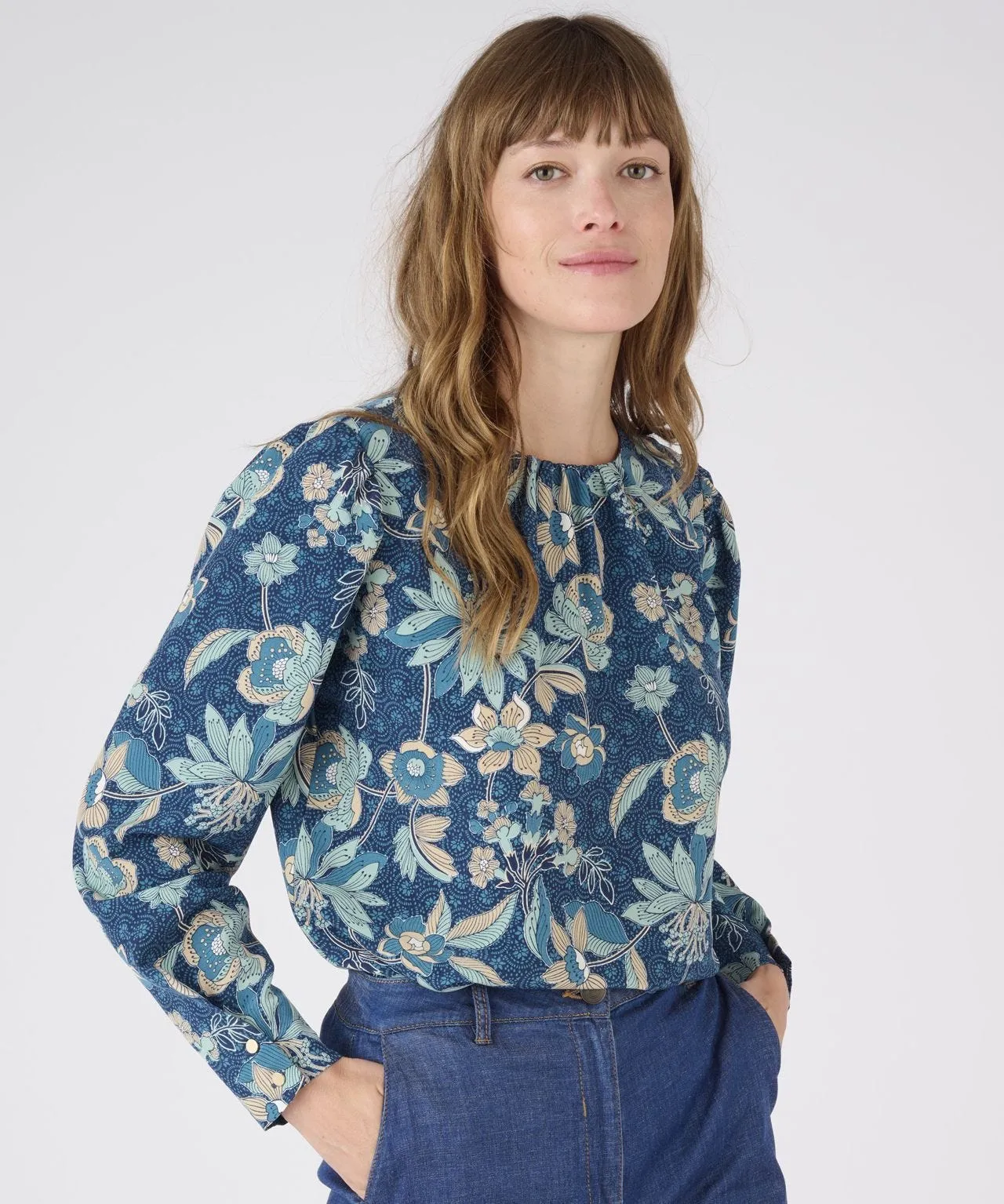 Long Sleeved Neck Detail Printed Blouse