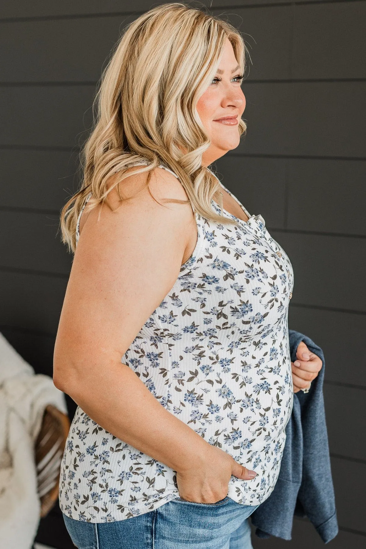 Love Out Loud Floral Tank Top- Ivory & Blue