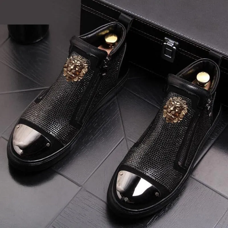 Luxury Men's Solid Pattern Metal Decor High End Slip On Hi Top Shoes