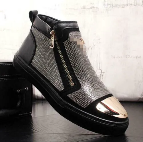 Luxury Men's Solid Pattern Metal Decor High End Slip On Hi Top Shoes