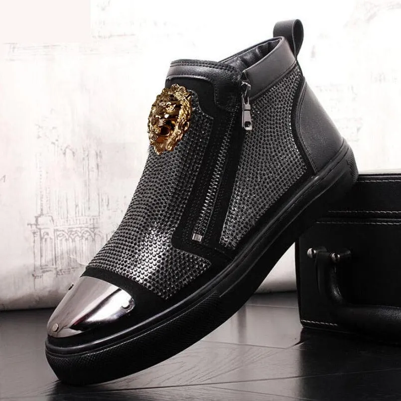 Luxury Men's Solid Pattern Metal Decor High End Slip On Hi Top Shoes