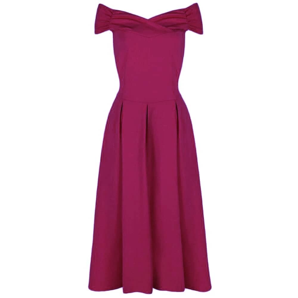 Magenta Crossover Bardot 50s Swing Dress