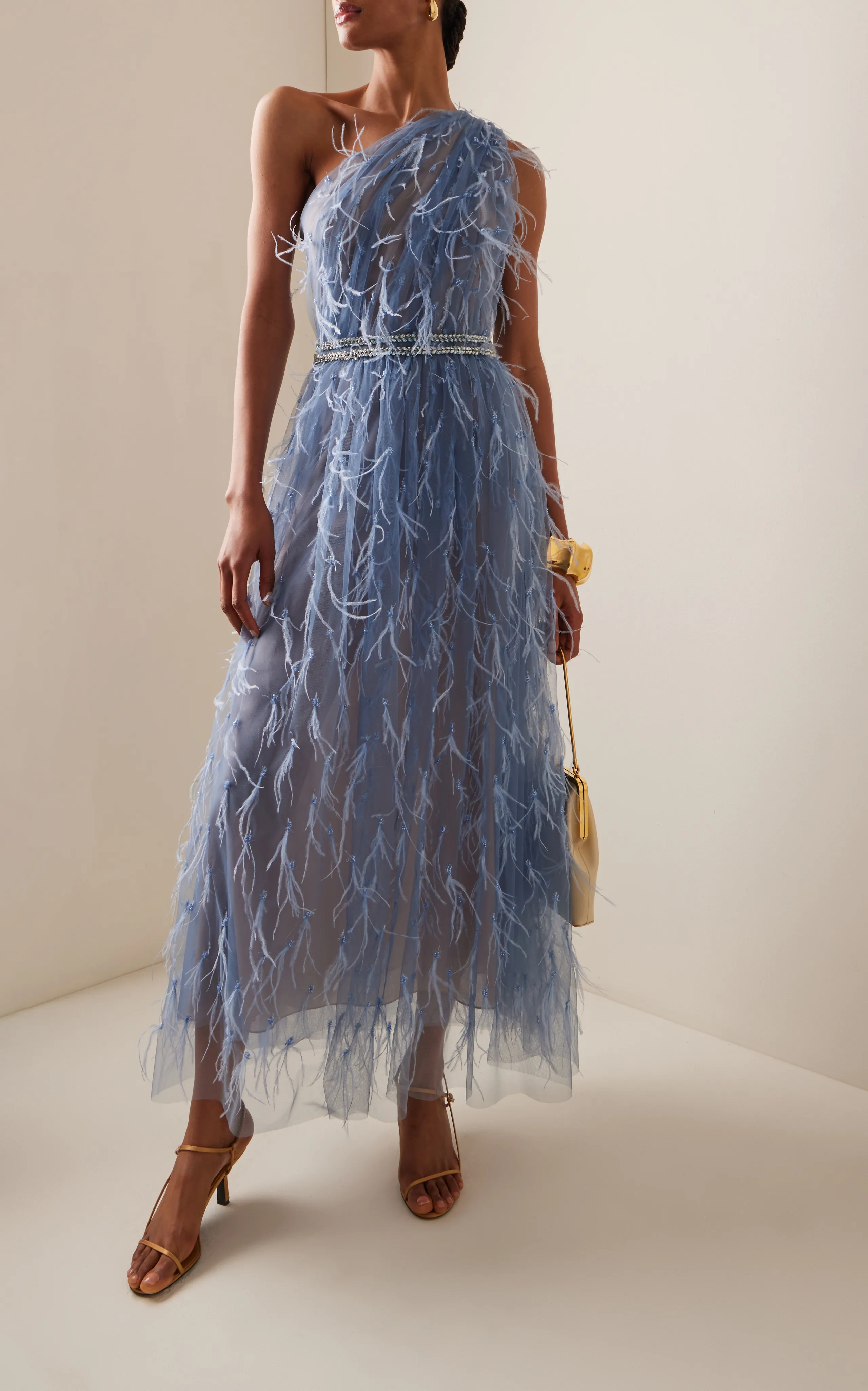 Marchesa Feather-Embroidered Tulle One-Shoulder Midi Dress