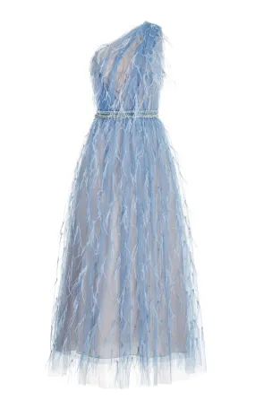 Marchesa Feather-Embroidered Tulle One-Shoulder Midi Dress