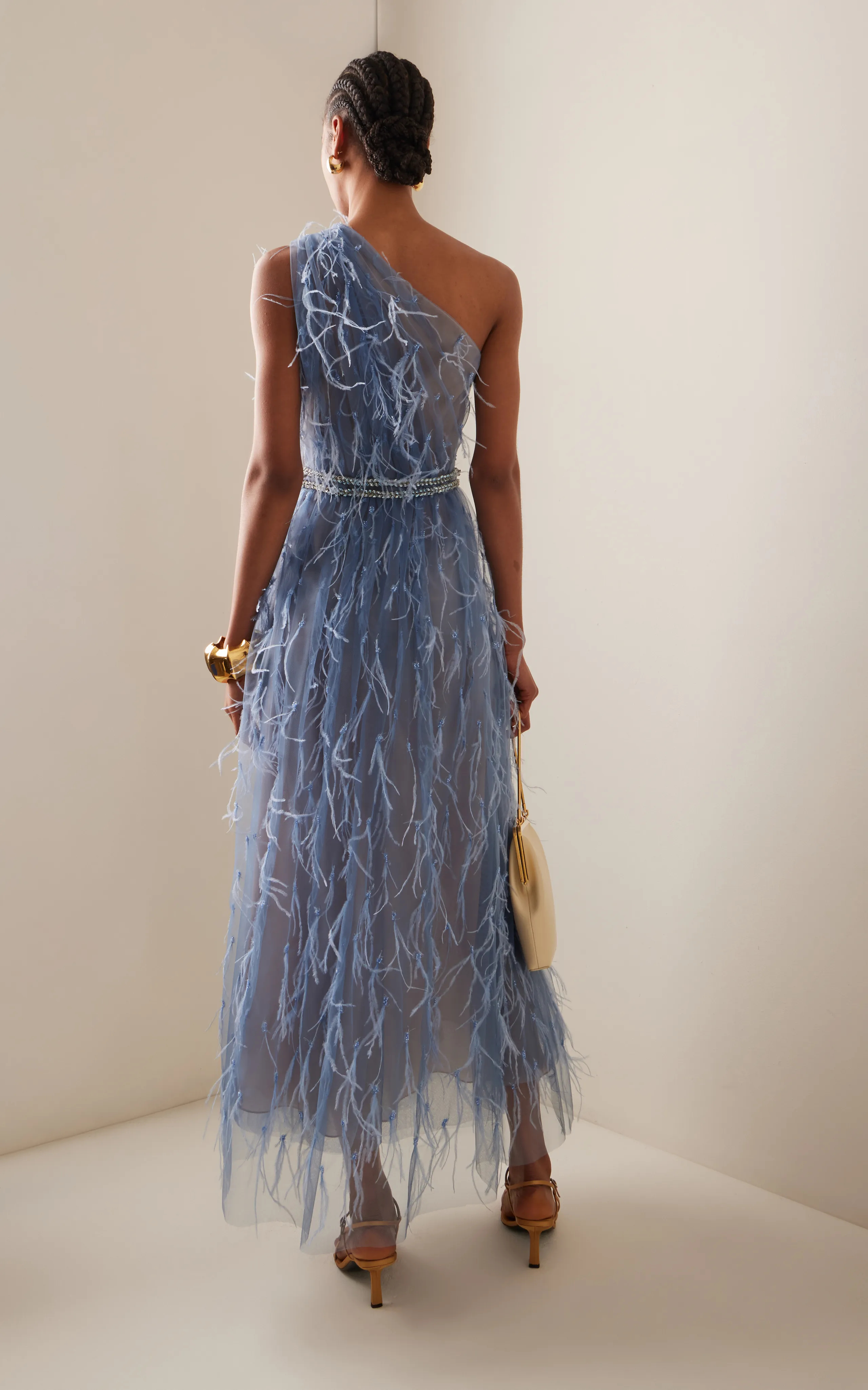 Marchesa Feather-Embroidered Tulle One-Shoulder Midi Dress