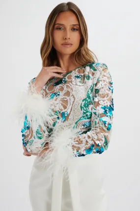 MEDINA Embellished Feather Cuff Mini Dress in White