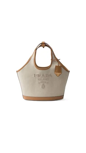 Medium Linen Blend And Leather Tote Bag - Natural