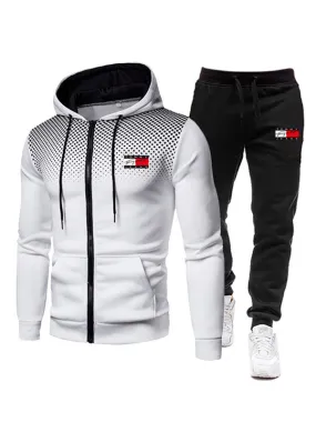 Men Activewear 2-Piece Set Printed Long Sleeves Hooded White Activewear Outfit