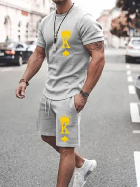 Men's Activewear 2-Piece Printed Short Sleeves Jewel Neck Grey