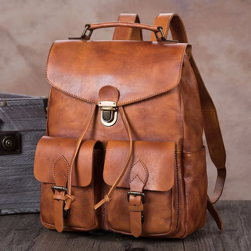 Men's Brown Handmade First Layer Cowhide Leather Large Capacity Backpack on Clearance