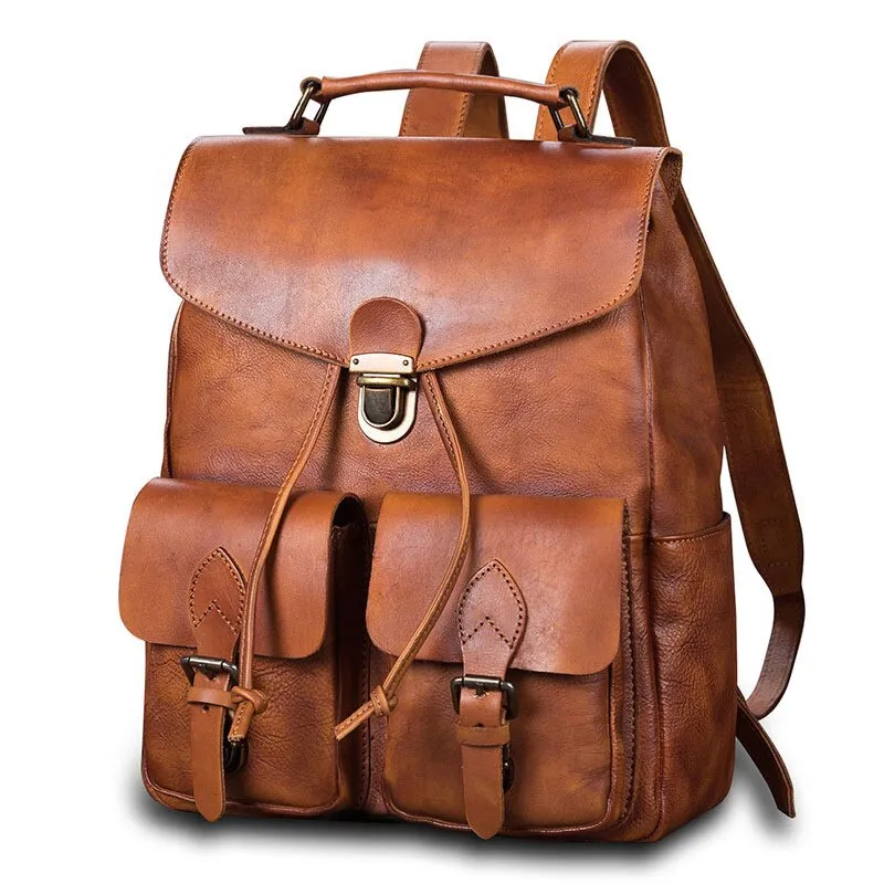 Men's Brown Handmade First Layer Cowhide Leather Large Capacity Backpack on Clearance