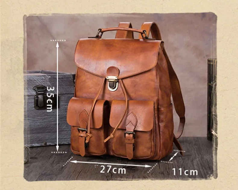 Men's Brown Handmade First Layer Cowhide Leather Large Capacity Backpack on Clearance