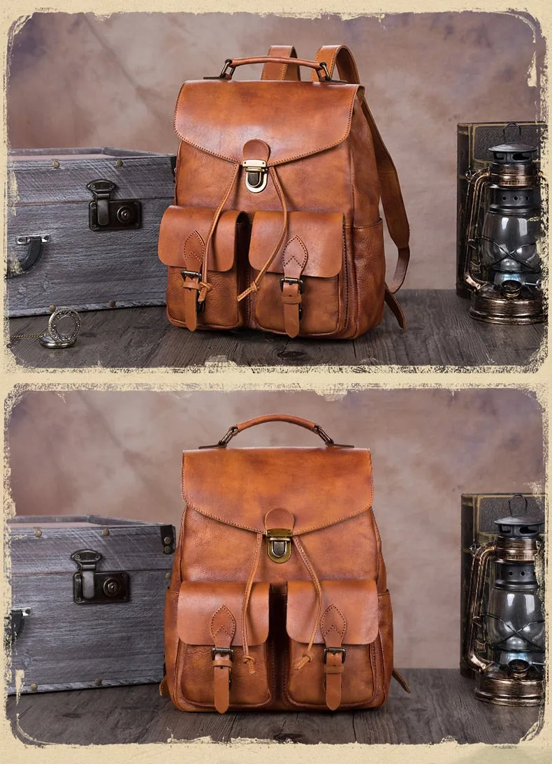 Men's Brown Handmade First Layer Cowhide Leather Large Capacity Backpack on Clearance