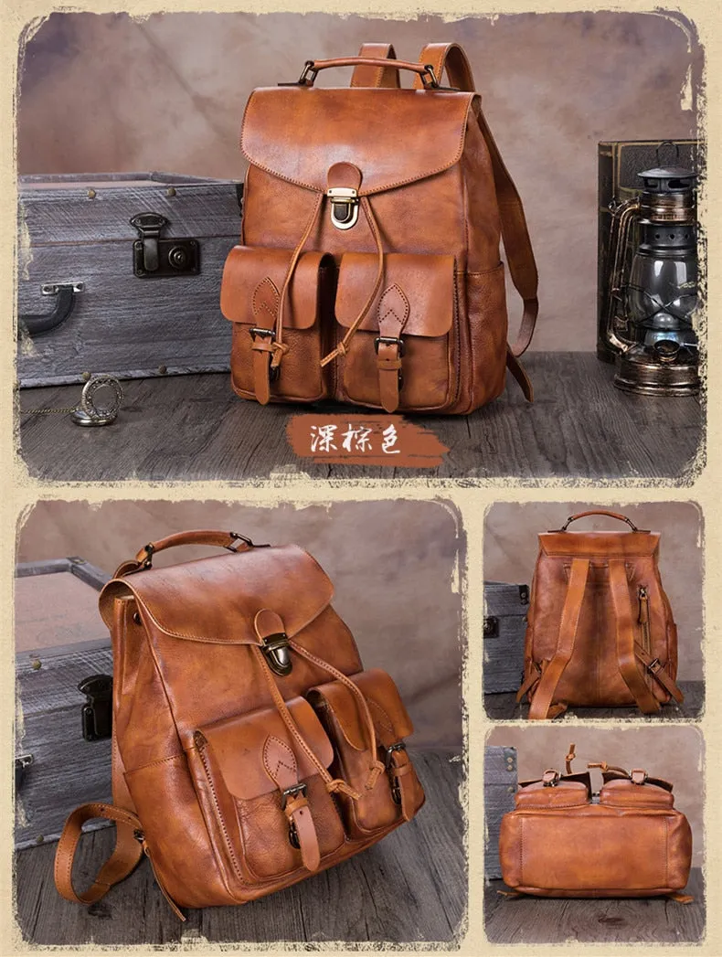 Men's Brown Handmade First Layer Cowhide Leather Large Capacity Backpack on Clearance