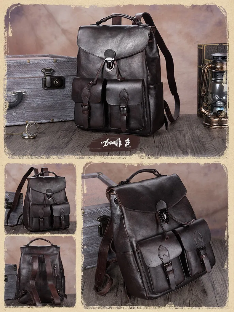 Men's Handmade First Layer Cowhide Leather Large Capacity Laptop Backpack