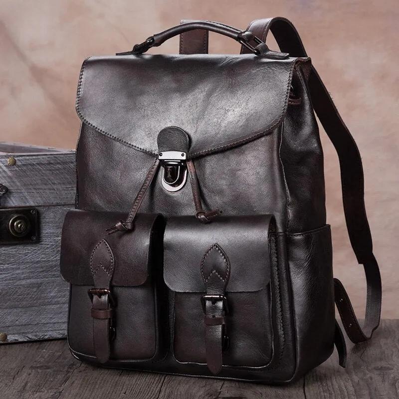 Men's Handmade First Layer Cowhide Leather Large Capacity Laptop Backpack