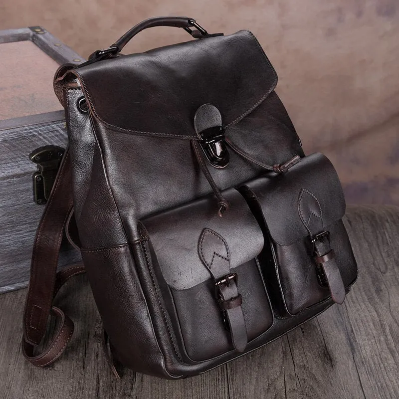 Men's Handmade First Layer Cowhide Leather Large Capacity Laptop Backpack