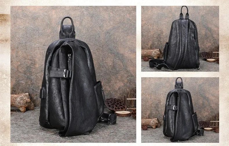 Men's Retro Handmade Soft First Layer Leather Zipper Business Chest Bag