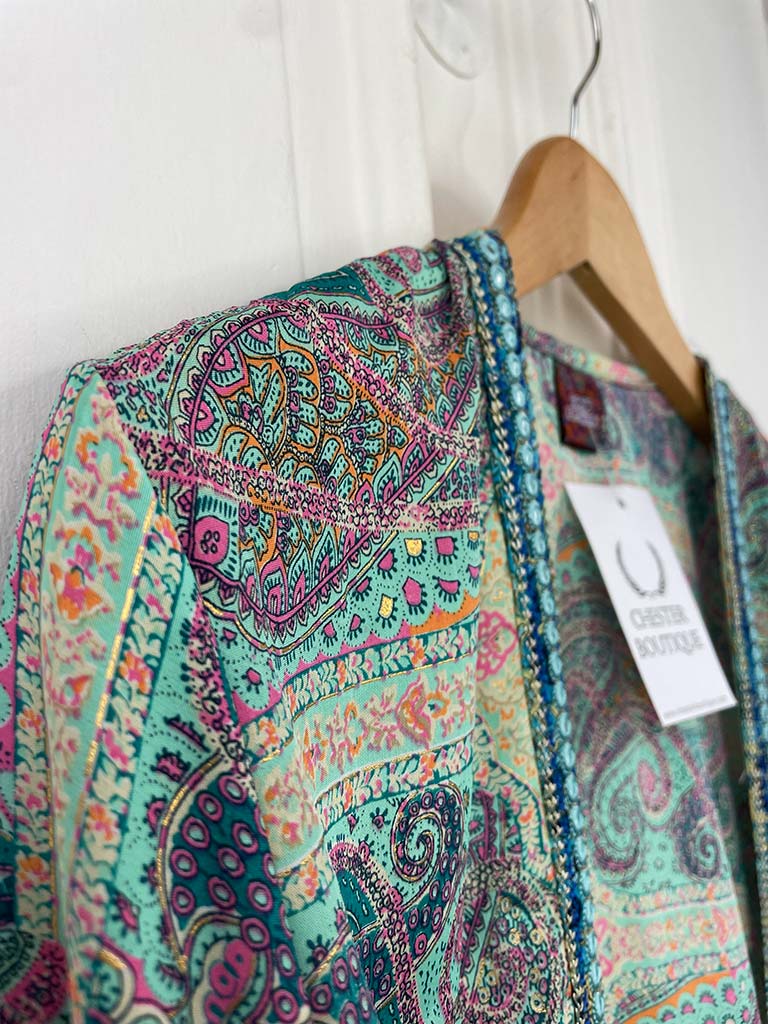 Metallic Paisley Print Embellished Kimono - Mint Green