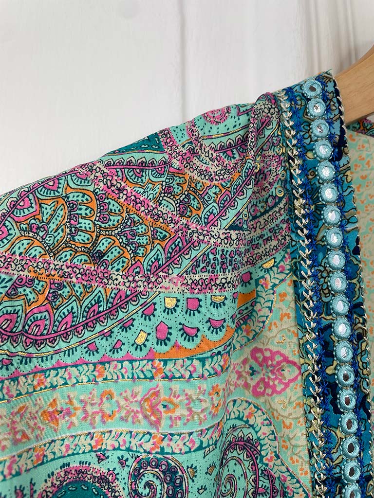 Metallic Paisley Print Embellished Kimono - Mint Green