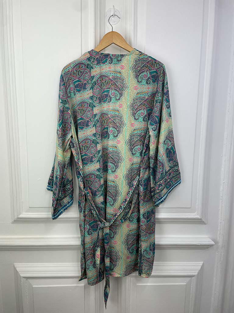 Metallic Paisley Print Embellished Kimono - Mint Green