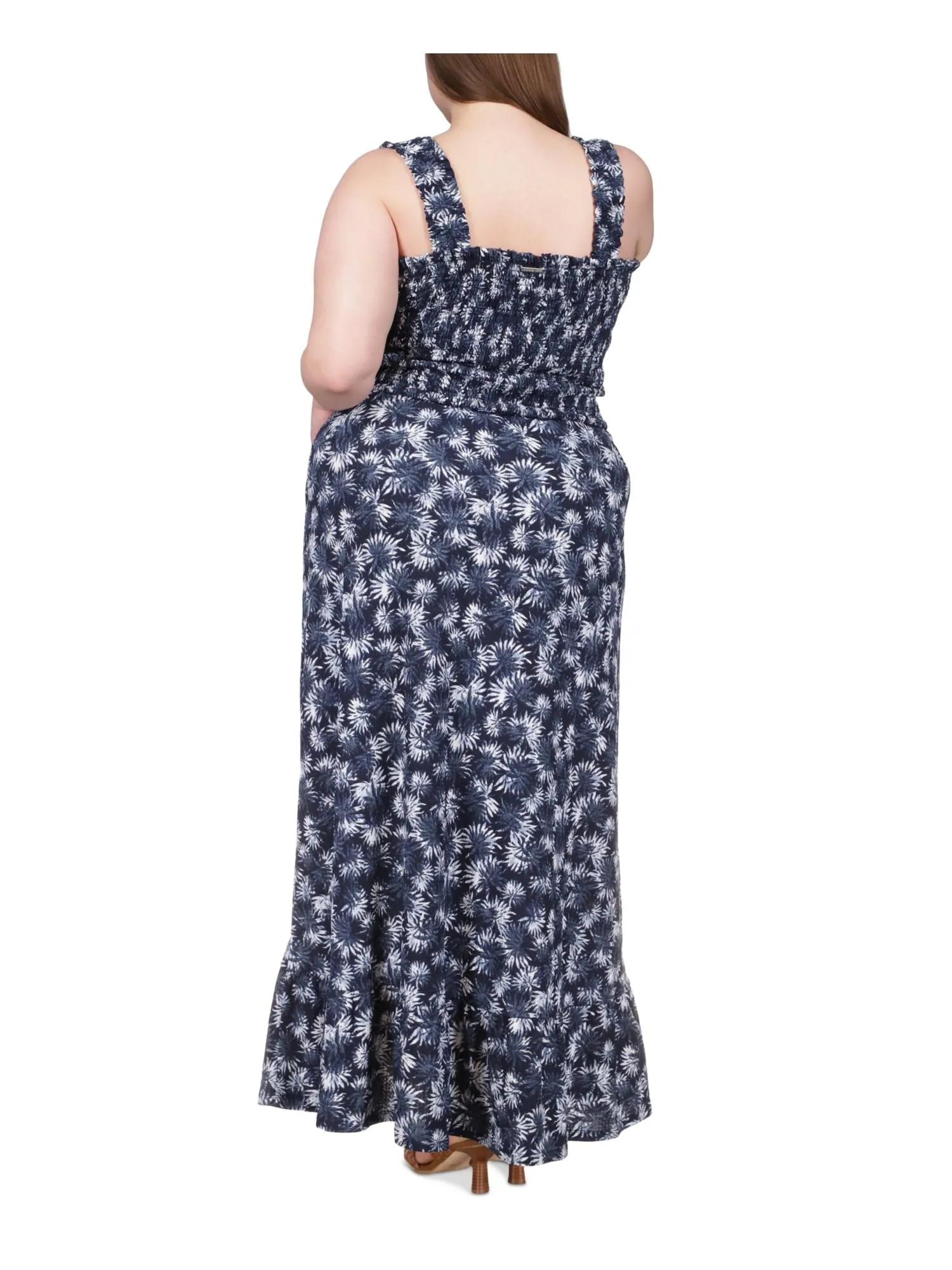 MICHAEL MICHAEL KORS Womens Navy Smocked Ruffled Pullover Floral Sleeveless Square Neck Maxi Fit + Flare Dress