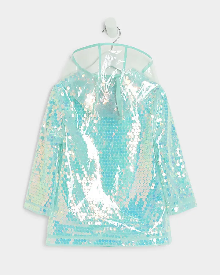 Mini girls blue sequin hooded rain coat