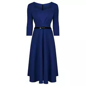 Navy Blue 3/4 Sleeve Belted 50s Swing Dress