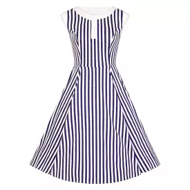 Navy Blue and White Striped Sleeveless Rockabilly 50s Swing Dress